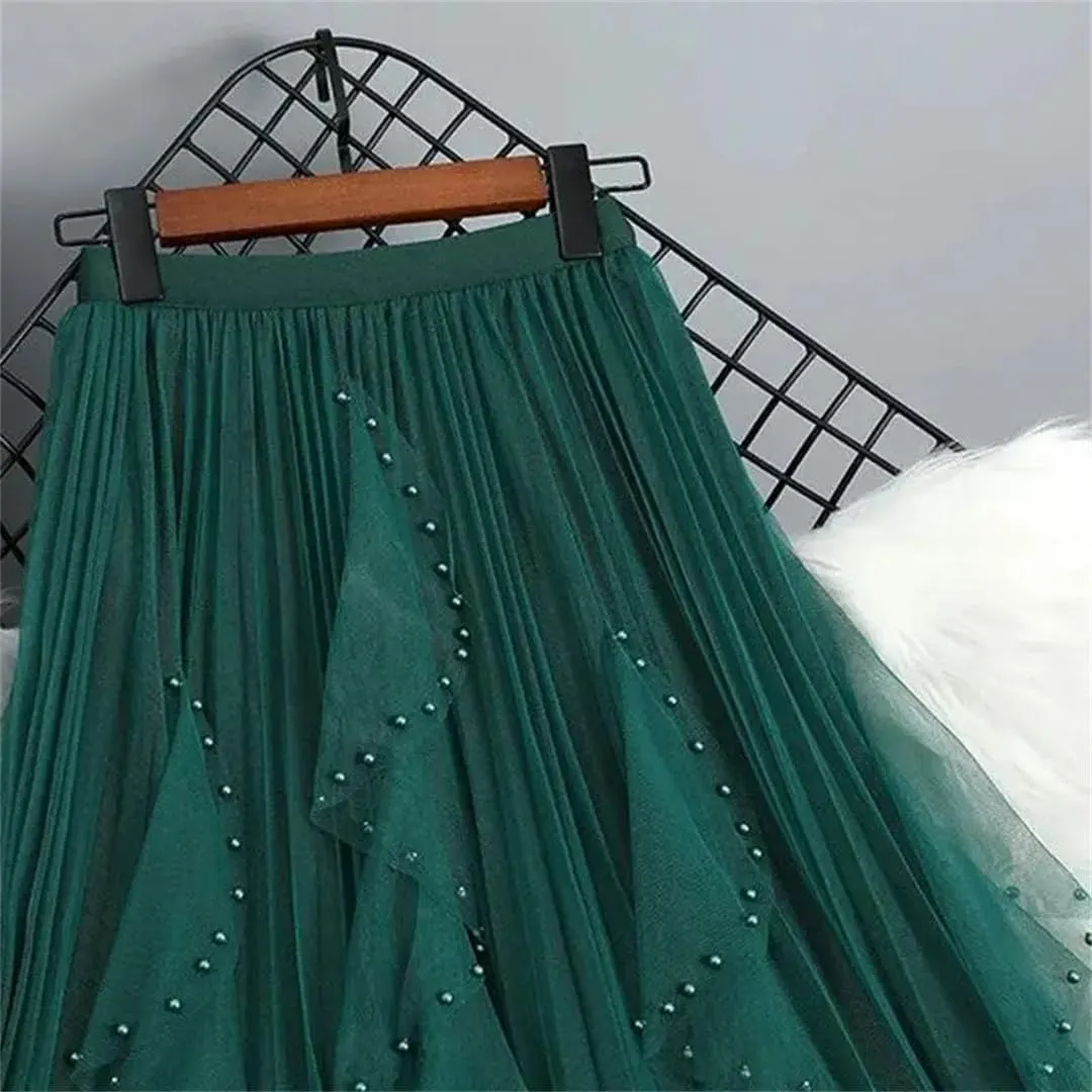 Women's Beading Tulle Midi Long Skirt Female Elastic High Waist Pleated A Line Mesh Skirts