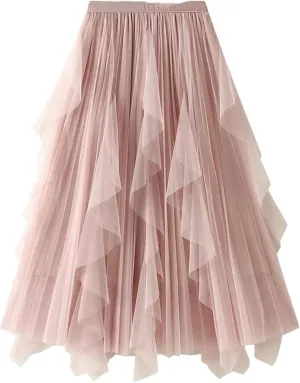 Women's Beading Tulle Midi Long Skirt Female Elastic High Waist Pleated A Line Mesh Skirts