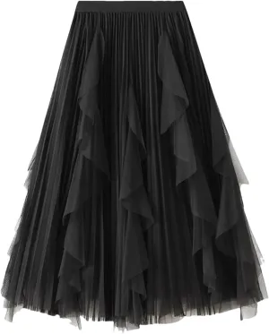 Women's Beading Tulle Midi Long Skirt Female Elastic High Waist Pleated A Line Mesh Skirts