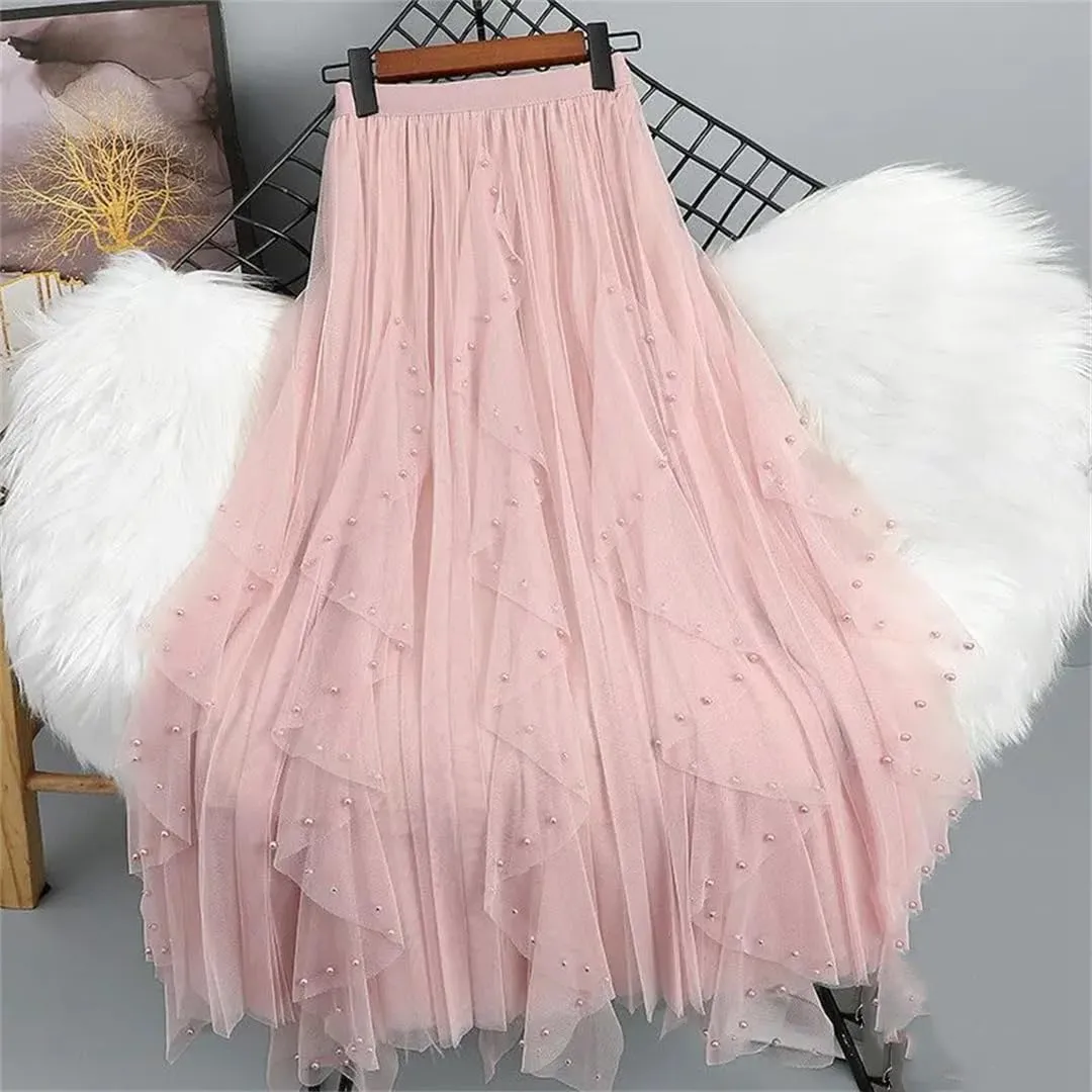 Women's Beading Tulle Midi Long Skirt Female Elastic High Waist Pleated A Line Mesh Skirts