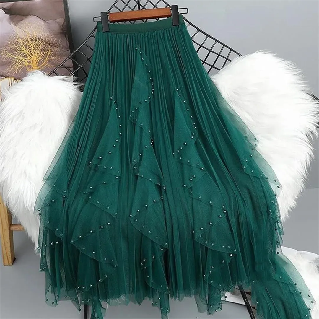 Women's Beading Tulle Midi Long Skirt Female Elastic High Waist Pleated A Line Mesh Skirts