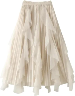 Women's Beading Tulle Midi Long Skirt Female Elastic High Waist Pleated A Line Mesh Skirts