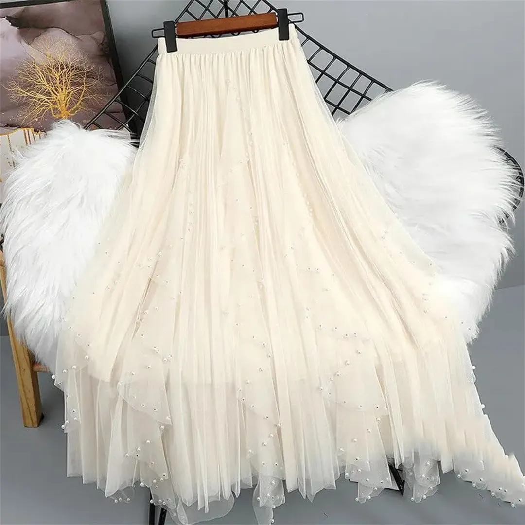 Women's Beading Tulle Midi Long Skirt Female Elastic High Waist Pleated A Line Mesh Skirts
