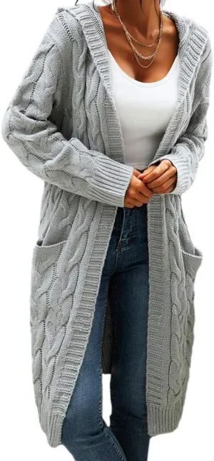 Women's Cable Knit Long Sleeve Sweater Cardigan Open Front Long Cardigans Pocket Hooded Casual Outwear