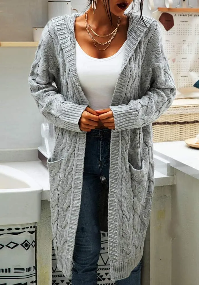 Women's Cable Knit Long Sleeve Sweater Cardigan Open Front Long Cardigans Pocket Hooded Casual Outwear