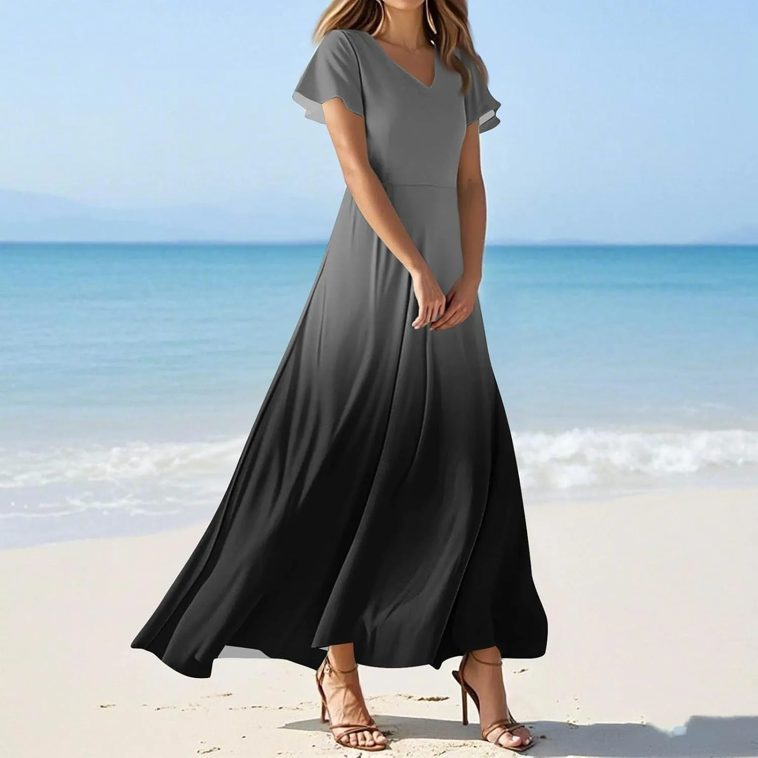 Women's Casual Short Sleeve Dresses Summer Loose T-Shirt Sundresses Gradient Swing Dresses Plus Size.
