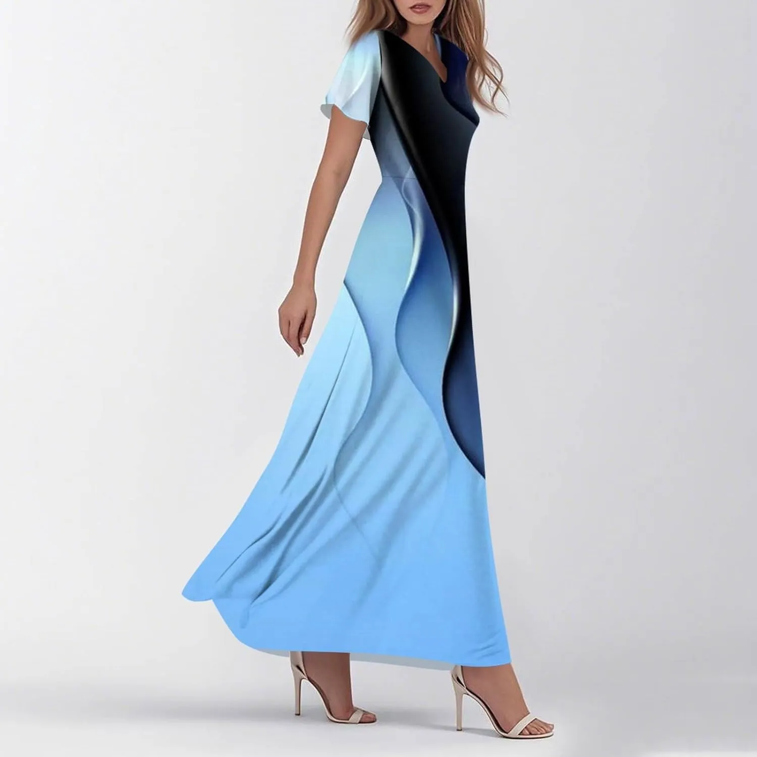 Women's Casual Short Sleeve Dresses Summer Loose T-Shirt Sundresses Gradient Swing Dresses Plus Size.