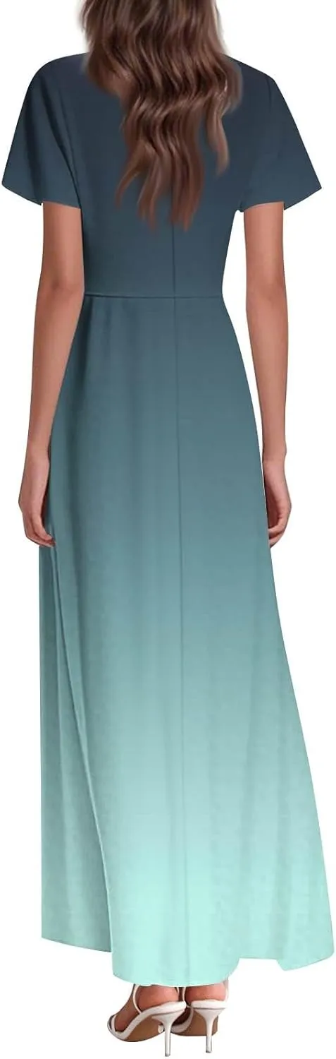 Women's Casual Short Sleeve Dresses Summer Loose T-Shirt Sundresses Gradient Swing Dresses Plus Size.