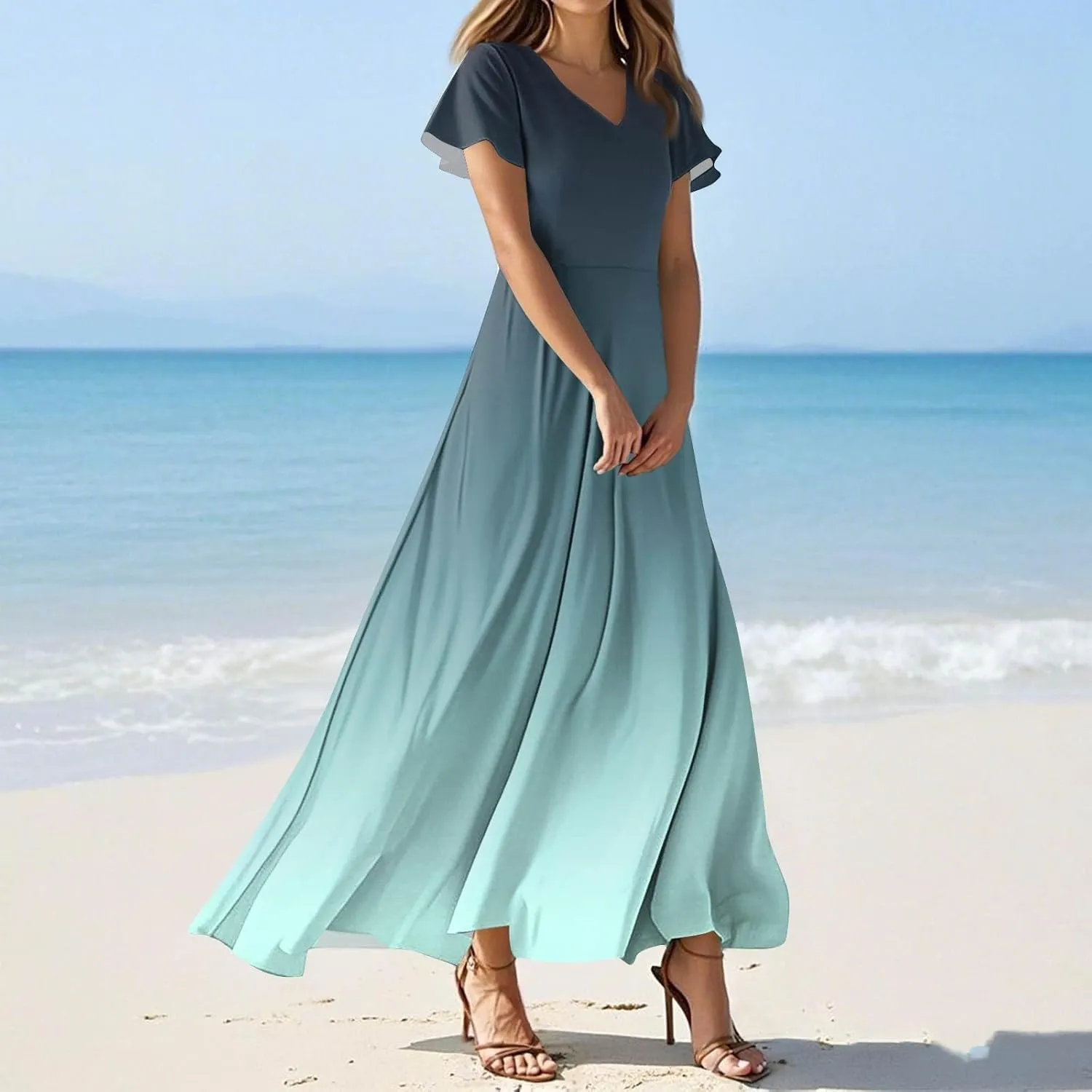 Women's Casual Short Sleeve Dresses Summer Loose T-Shirt Sundresses Gradient Swing Dresses Plus Size.