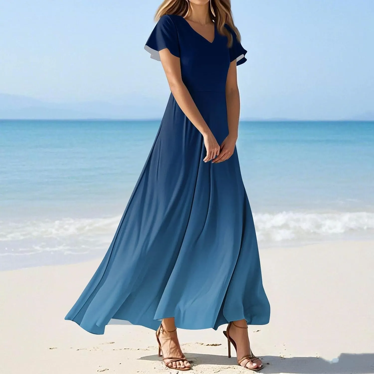 Women's Casual Short Sleeve Dresses Summer Loose T-Shirt Sundresses Gradient Swing Dresses Plus Size.