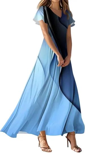 Women's Casual Short Sleeve Dresses Summer Loose T-Shirt Sundresses Gradient Swing Dresses Plus Size.