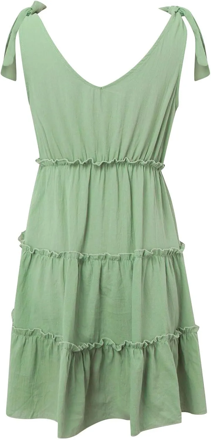 Women's Casual V Neck Sleeveless Mini Dress Tie Shoulder Width Layered Ruffles Flowing A Line Short Sleeve Dress