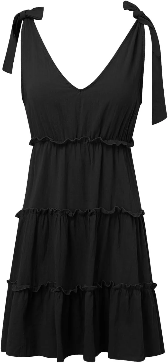 Women's Casual V Neck Sleeveless Mini Dress Tie Shoulder Width Layered Ruffles Flowing A Line Short Sleeve Dress