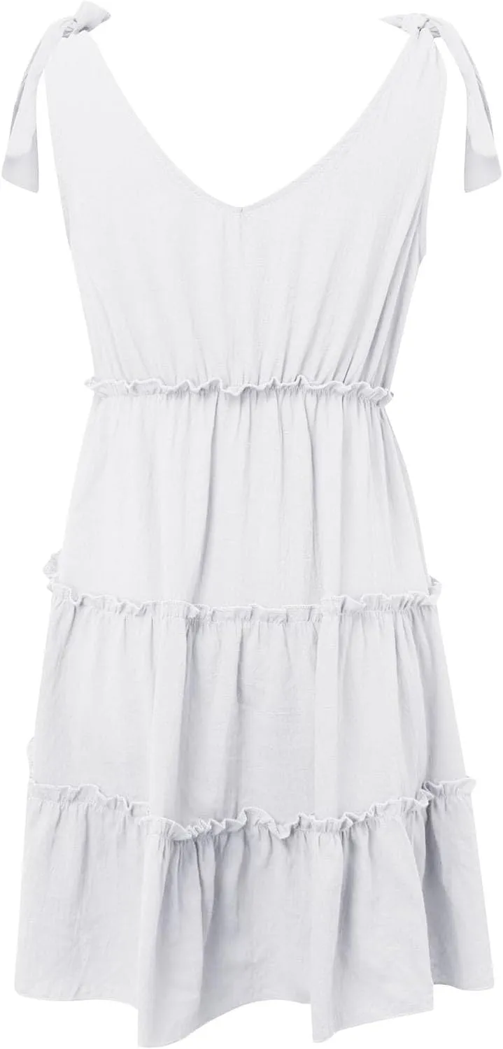 Women's Casual V Neck Sleeveless Mini Dress Tie Shoulder Width Layered Ruffles Flowing A Line Short Sleeve Dress