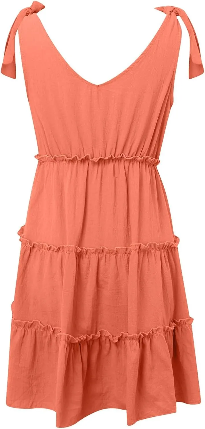 Women's Casual V Neck Sleeveless Mini Dress Tie Shoulder Width Layered Ruffles Flowing A Line Short Sleeve Dress