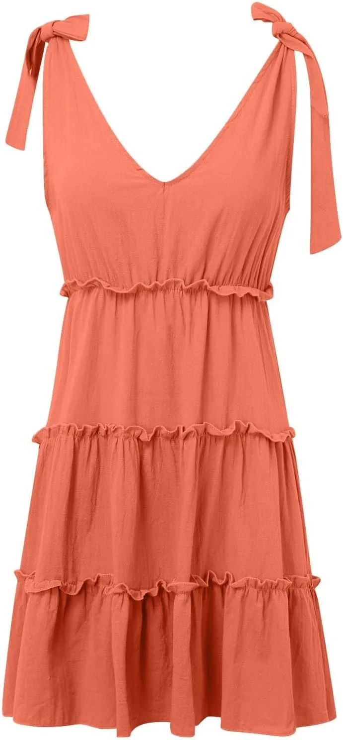 Women's Casual V Neck Sleeveless Mini Dress Tie Shoulder Width Layered Ruffles Flowing A Line Short Sleeve Dress