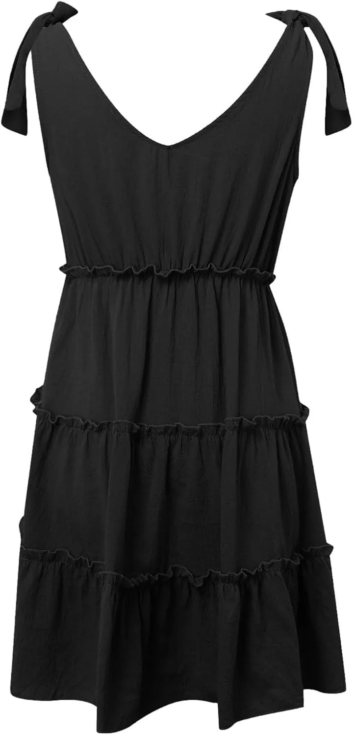 Women's Casual V Neck Sleeveless Mini Dress Tie Shoulder Width Layered Ruffles Flowing A Line Short Sleeve Dress