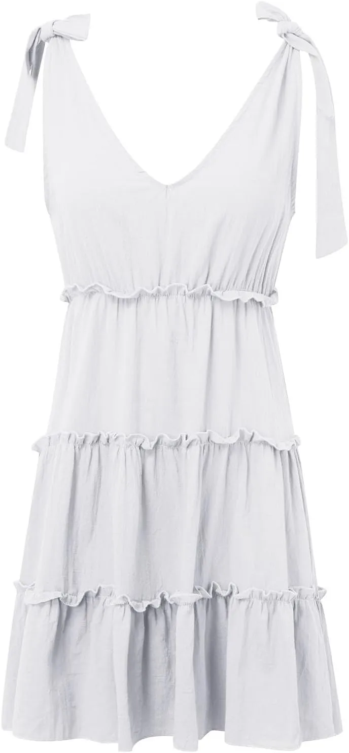 Women's Casual V Neck Sleeveless Mini Dress Tie Shoulder Width Layered Ruffles Flowing A Line Short Sleeve Dress