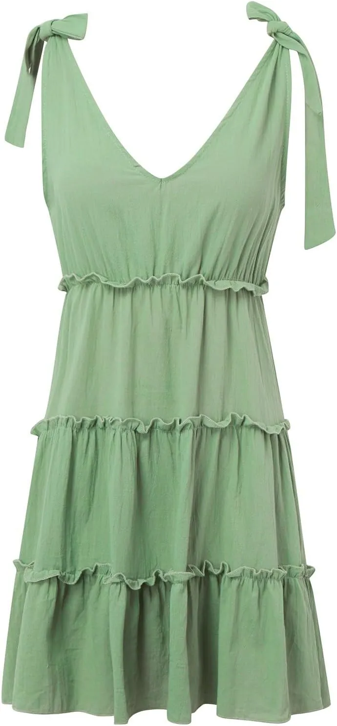 Women's Casual V Neck Sleeveless Mini Dress Tie Shoulder Width Layered Ruffles Flowing A Line Short Sleeve Dress