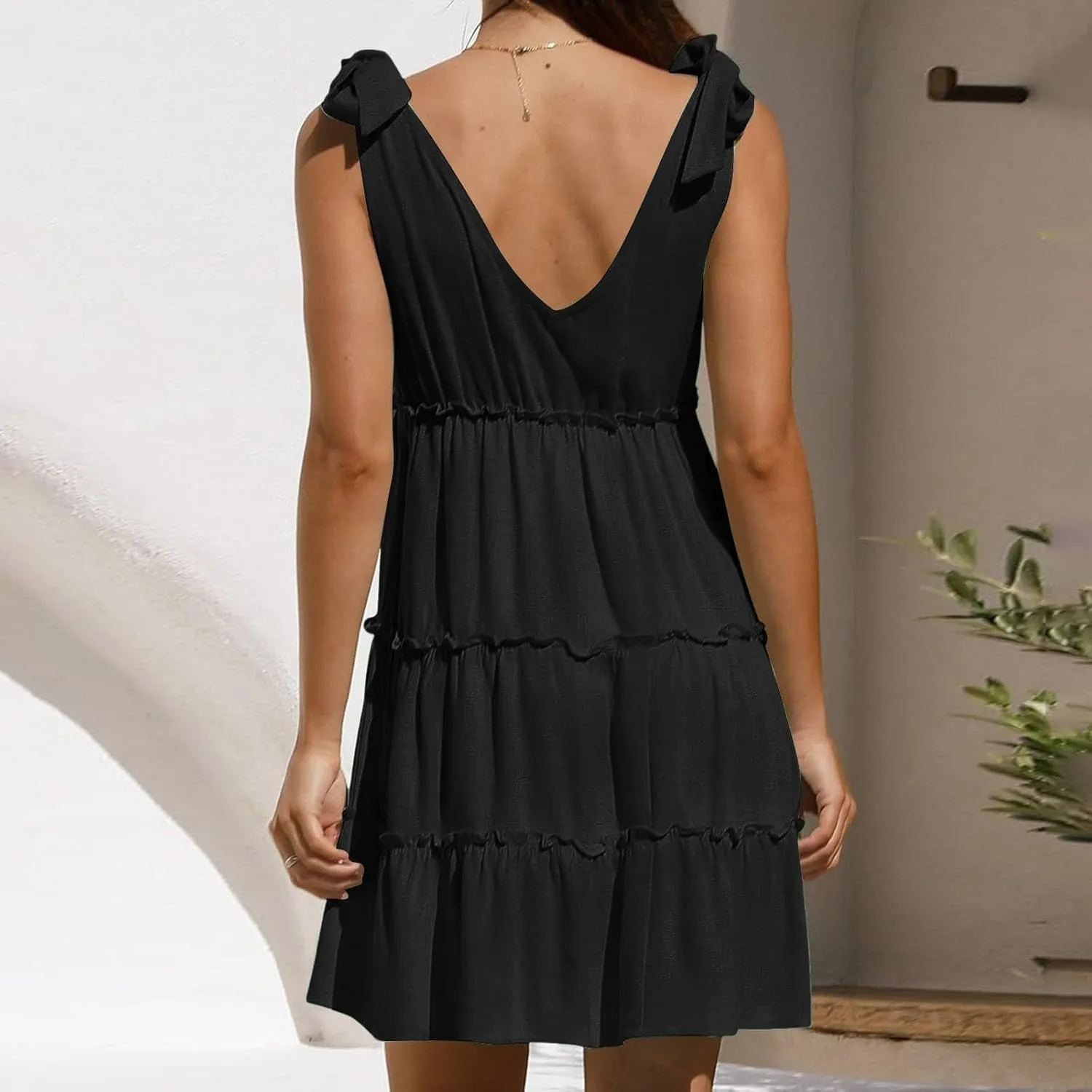 Women's Casual V Neck Sleeveless Mini Dress Tie Shoulder Width Layered Ruffles Flowing A Line Short Sleeve Dress