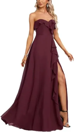 Women's Chiffon Ruffle Neck Slim Fit Evening Gown Fashionable Slit Sexy Flowing Dress