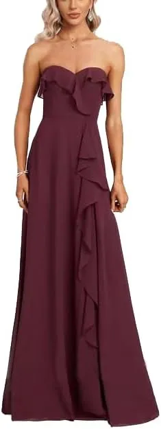 Women's Chiffon Ruffle Neck Slim Fit Evening Gown Fashionable Slit Sexy Flowing Dress