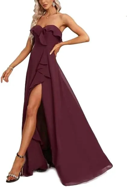 Women's Chiffon Ruffle Neck Slim Fit Evening Gown Fashionable Slit Sexy Flowing Dress