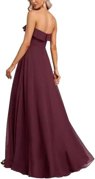 Women's Chiffon Ruffle Neck Slim Fit Evening Gown Fashionable Slit Sexy Flowing Dress