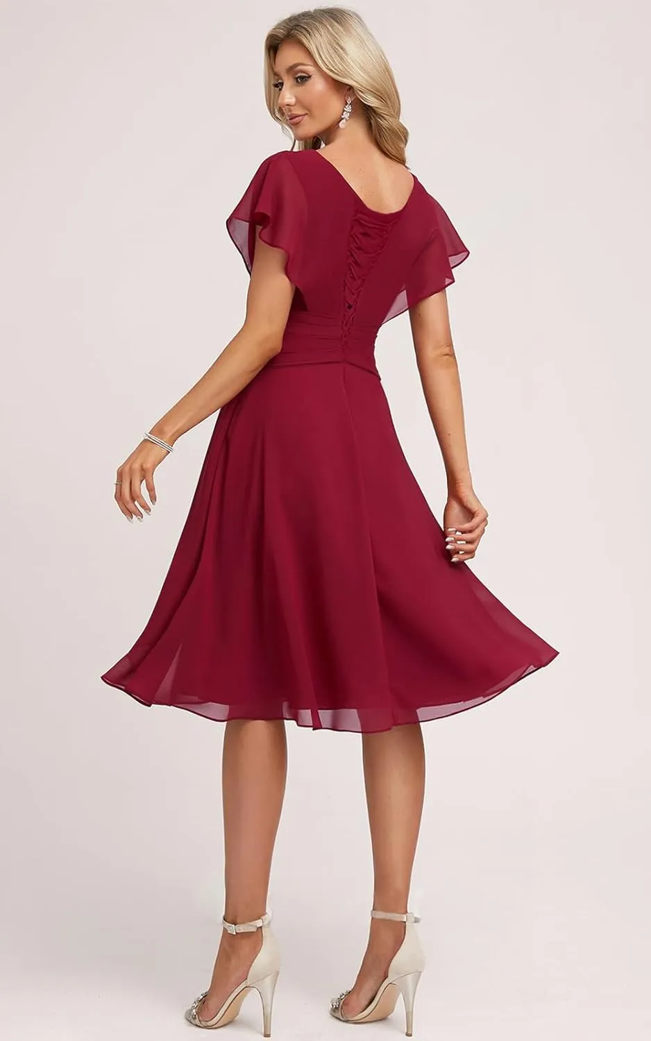 Women's Chiffon Short Bridesmaid Dresses V-Neck Empire Waist Ruffles Sleeve Formal Prom Dresses SR002