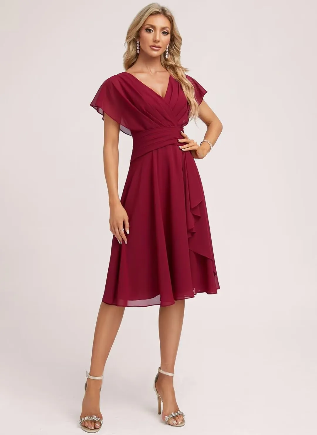 Women's Chiffon Short Bridesmaid Dresses V-Neck Empire Waist Ruffles Sleeve Formal Prom Dresses SR002