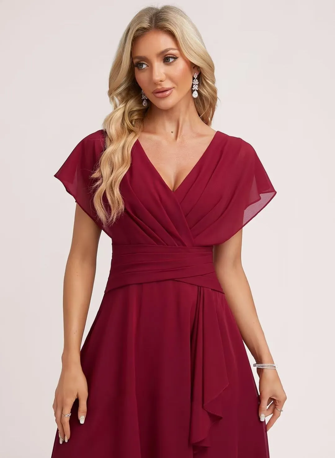 Women's Chiffon Short Bridesmaid Dresses V-Neck Empire Waist Ruffles Sleeve Formal Prom Dresses SR002