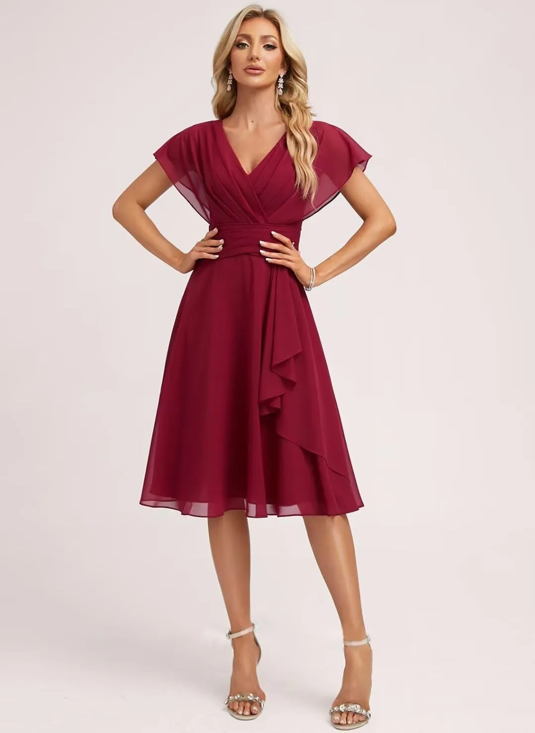 Women's Chiffon Short Bridesmaid Dresses V-Neck Empire Waist Ruffles Sleeve Formal Prom Dresses SR002