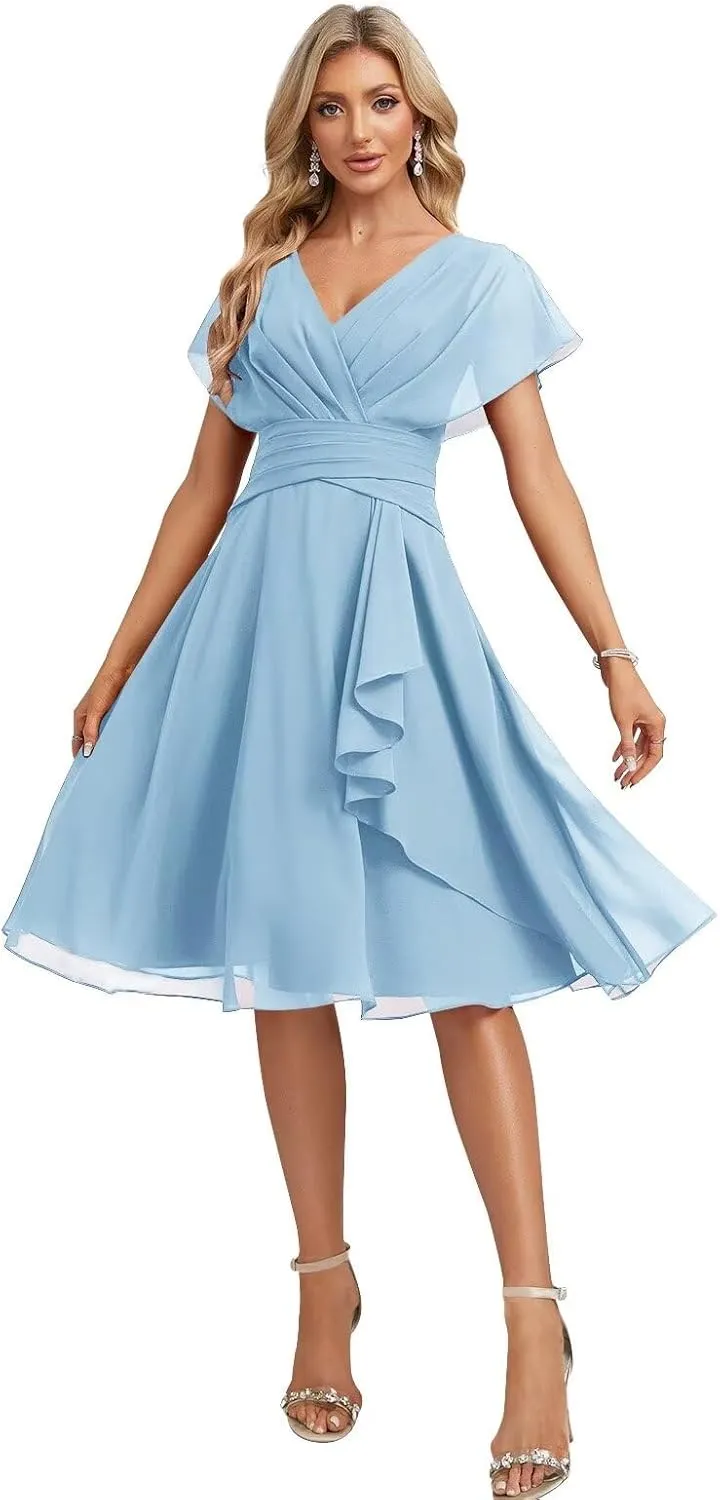Women's Chiffon Short Bridesmaid Dresses V-Neck Empire Waist Ruffles Sleeve Formal Prom Dresses SR002
