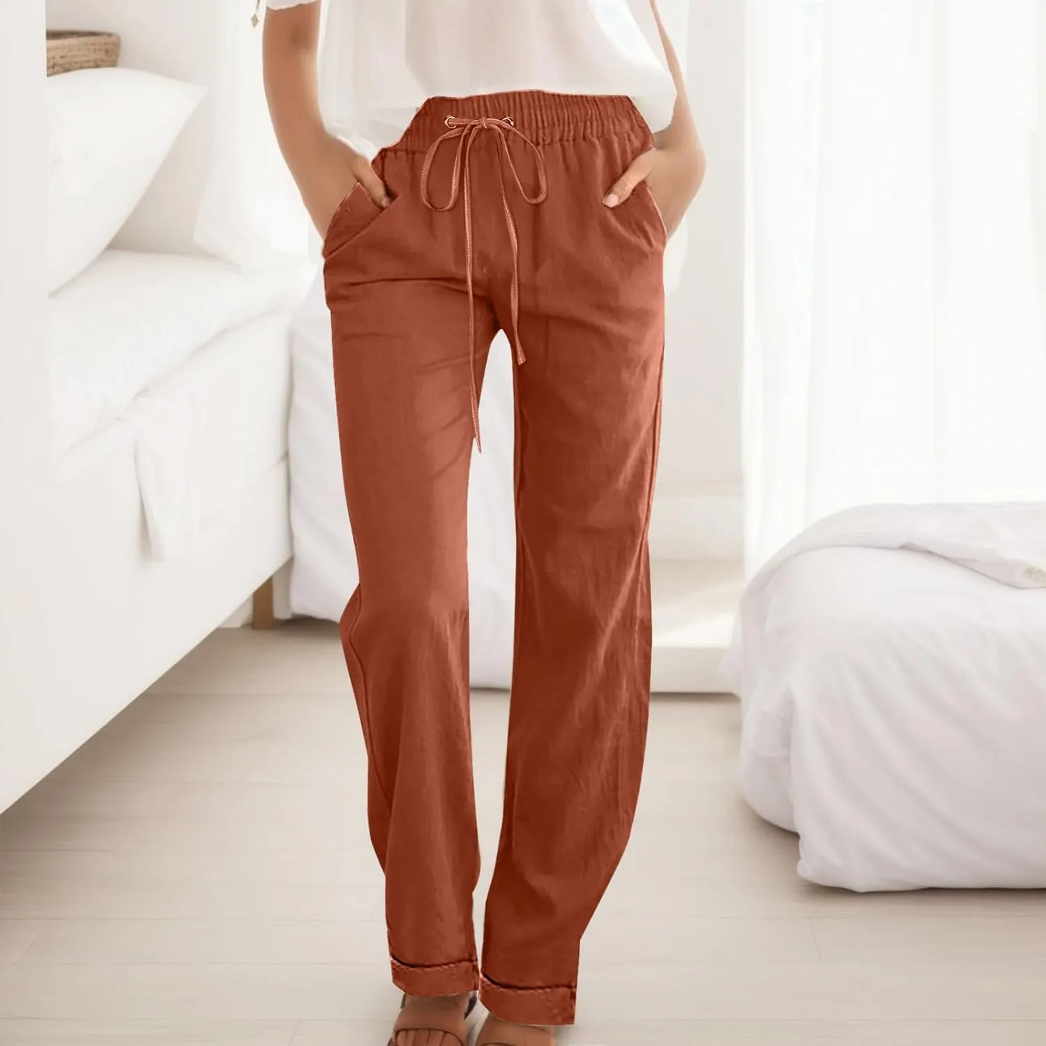 Womens Cotton Linen Summer Baggy Pant Trousers Elastic Waisted Stretchy Slim-Fit Pants Office