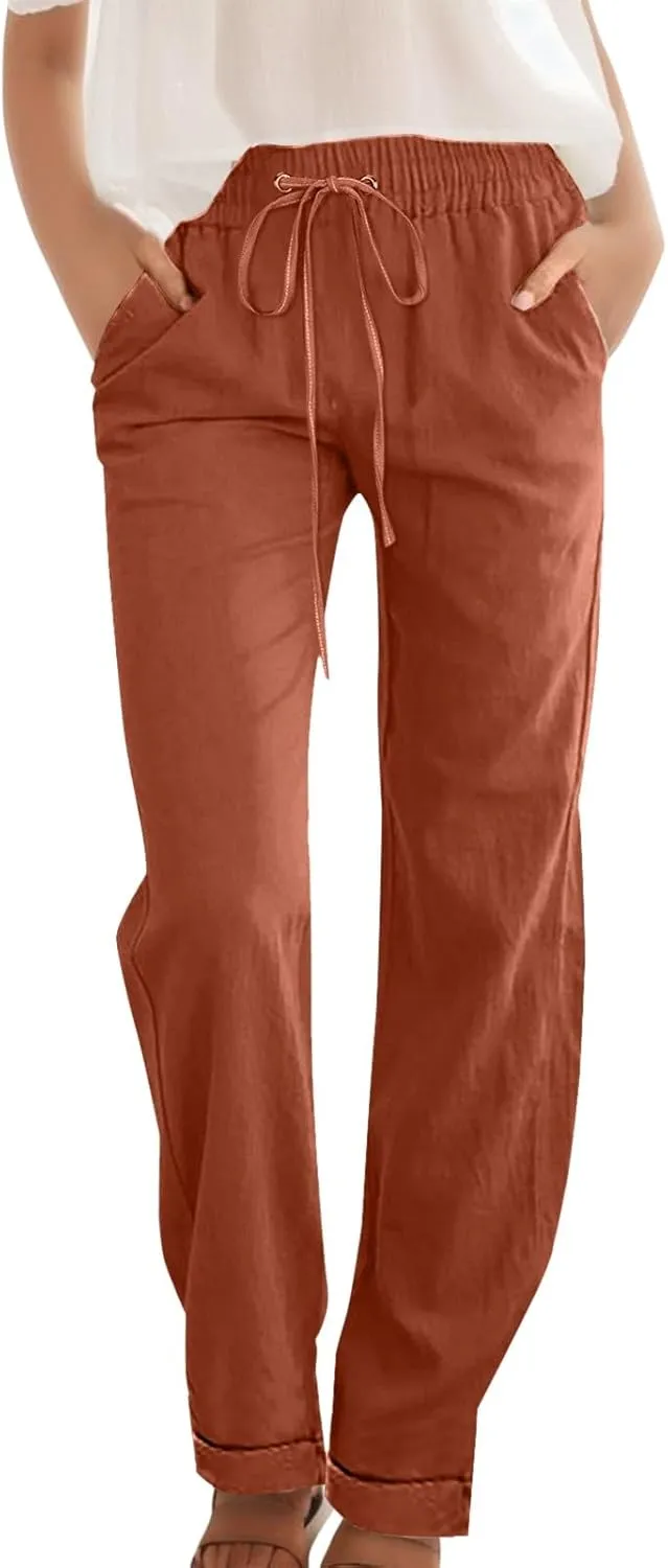 Womens Cotton Linen Summer Baggy Pant Trousers Elastic Waisted Stretchy Slim-Fit Pants Office