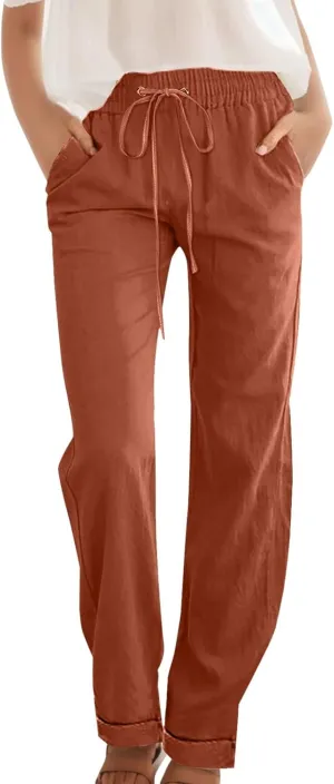 Womens Cotton Linen Summer Baggy Pant Trousers Elastic Waisted Stretchy Slim-Fit Pants Office