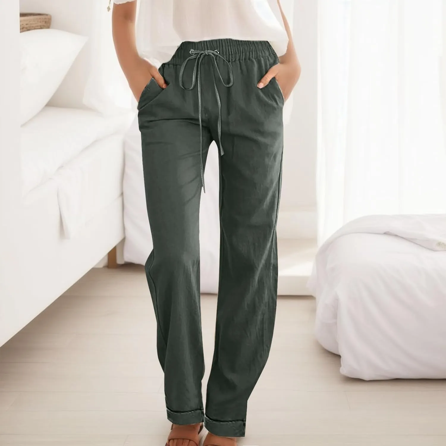 Womens Cotton Linen Summer Baggy Pant Trousers Elastic Waisted Stretchy Slim-Fit Pants Office