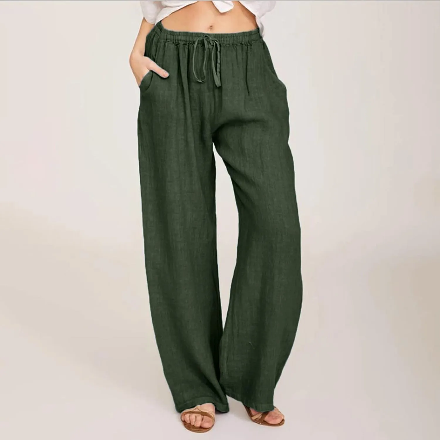 Womens Cotton Linen Summer Baggy Pant Trousers Elastic Waisted Stretchy Slim-Fit Pants Office