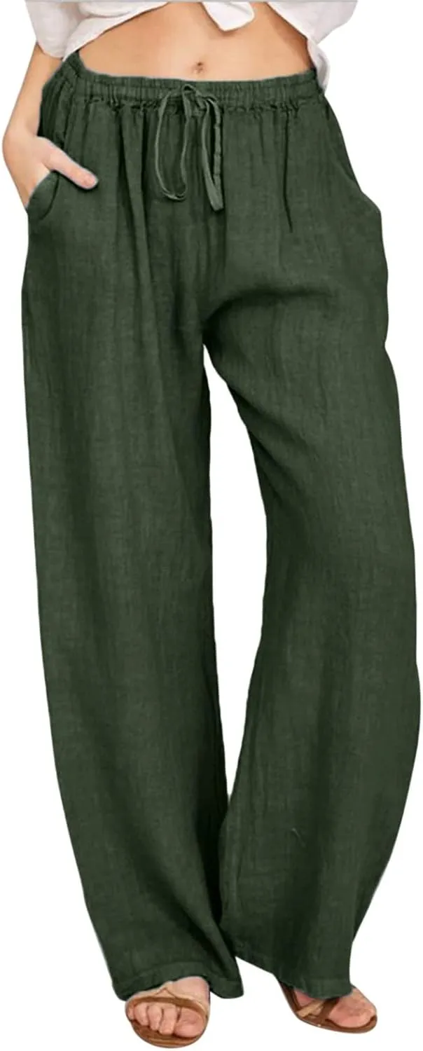 Womens Cotton Linen Summer Baggy Pant Trousers Elastic Waisted Stretchy Slim-Fit Pants Office