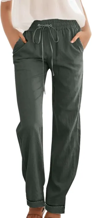 Womens Cotton Linen Summer Baggy Pant Trousers Elastic Waisted Stretchy Slim-Fit Pants Office