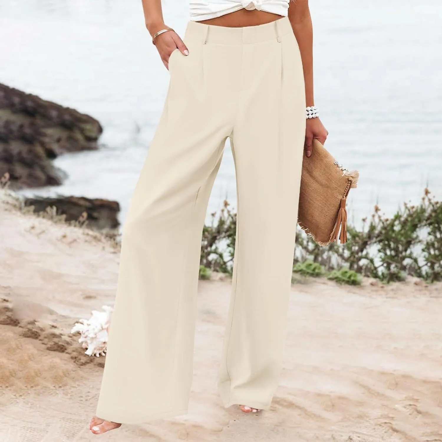 Women's Cotton Linen Summer Cropped Pant Trousers Elastic Waist Stretchy Straight Plus Size Pant Trousers Trendy