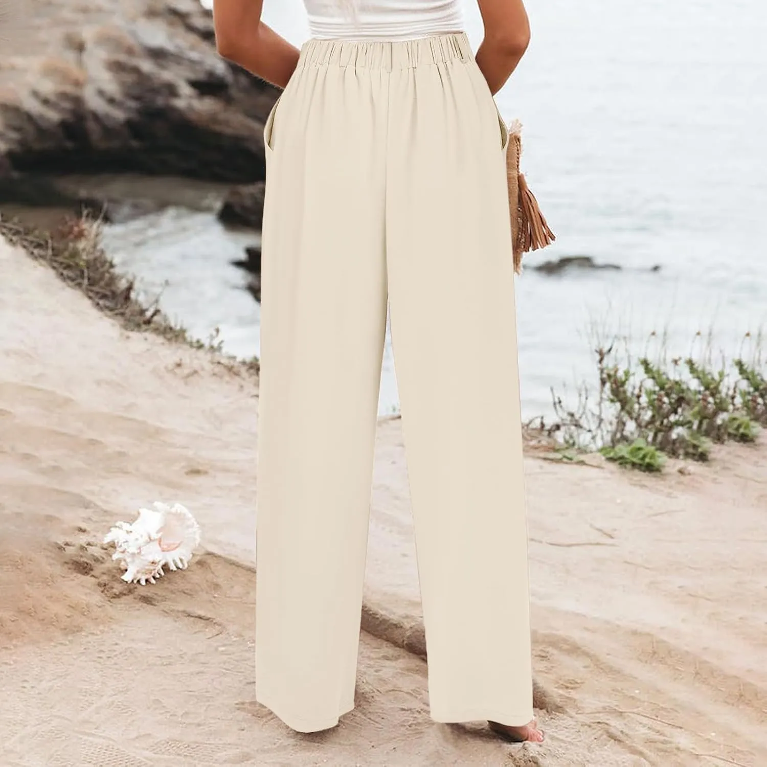 Women's Cotton Linen Summer Cropped Pant Trousers Elastic Waist Stretchy Straight Plus Size Pant Trousers Trendy