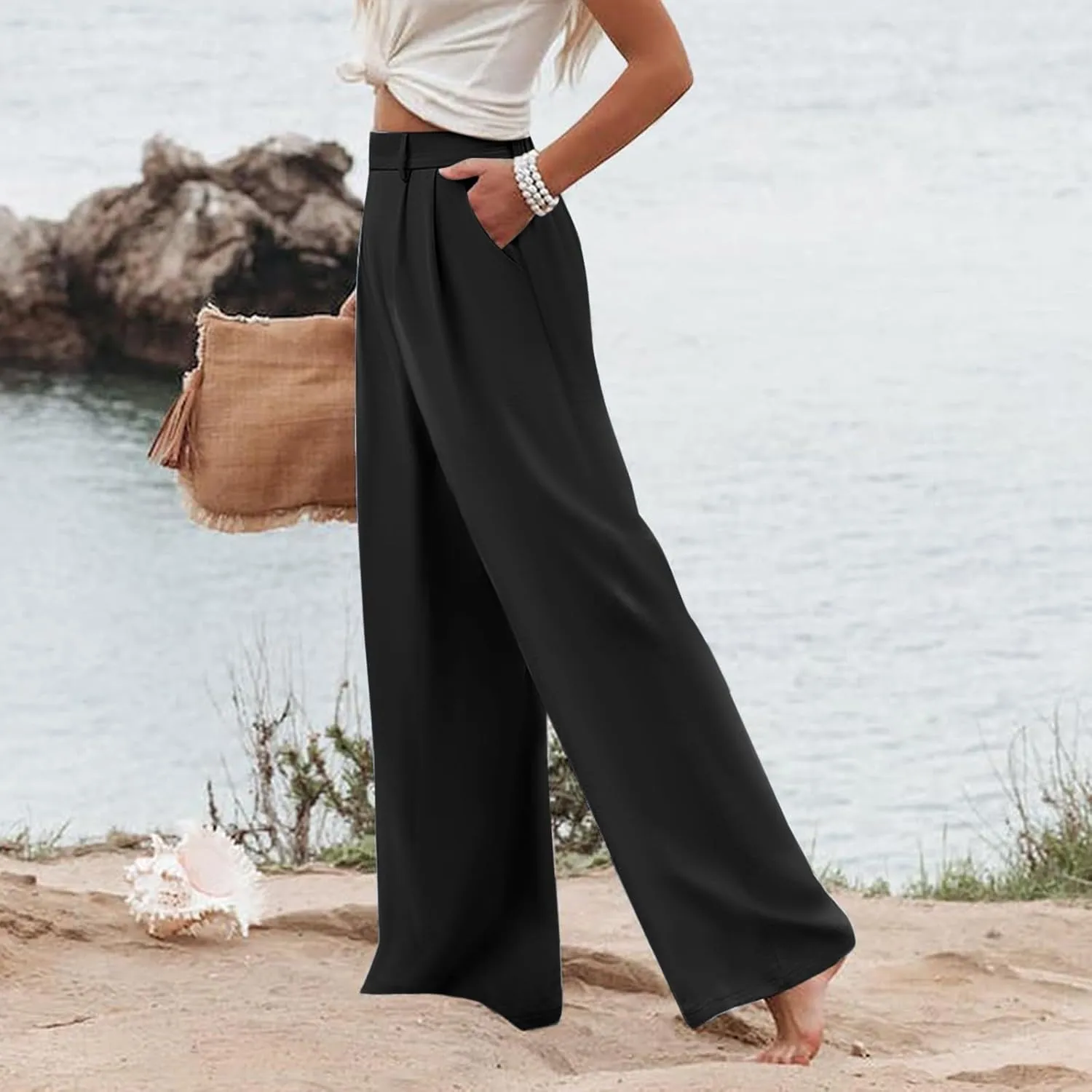 Women's Cotton Linen Summer Cropped Pant Trousers Elastic Waist Stretchy Straight Plus Size Pant Trousers Trendy