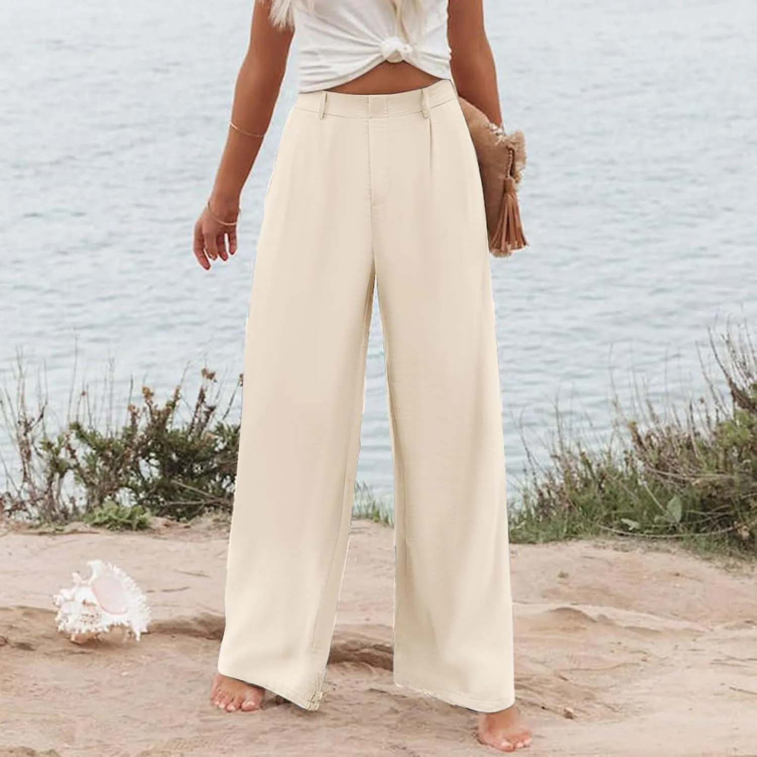 Women's Cotton Linen Summer Cropped Pant Trousers Elastic Waist Stretchy Straight Plus Size Pant Trousers Trendy