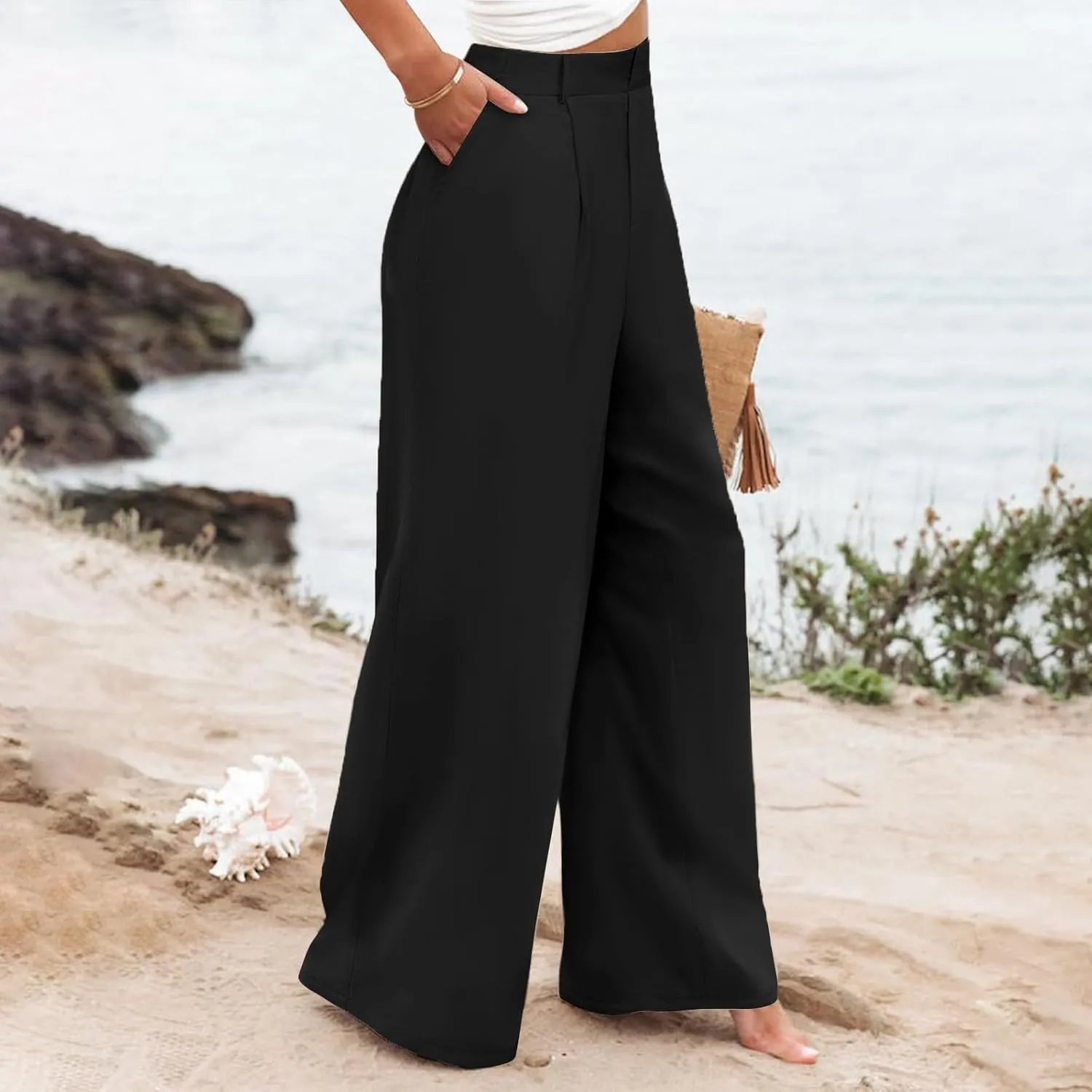 Women's Cotton Linen Summer Cropped Pant Trousers Elastic Waist Stretchy Straight Plus Size Pant Trousers Trendy