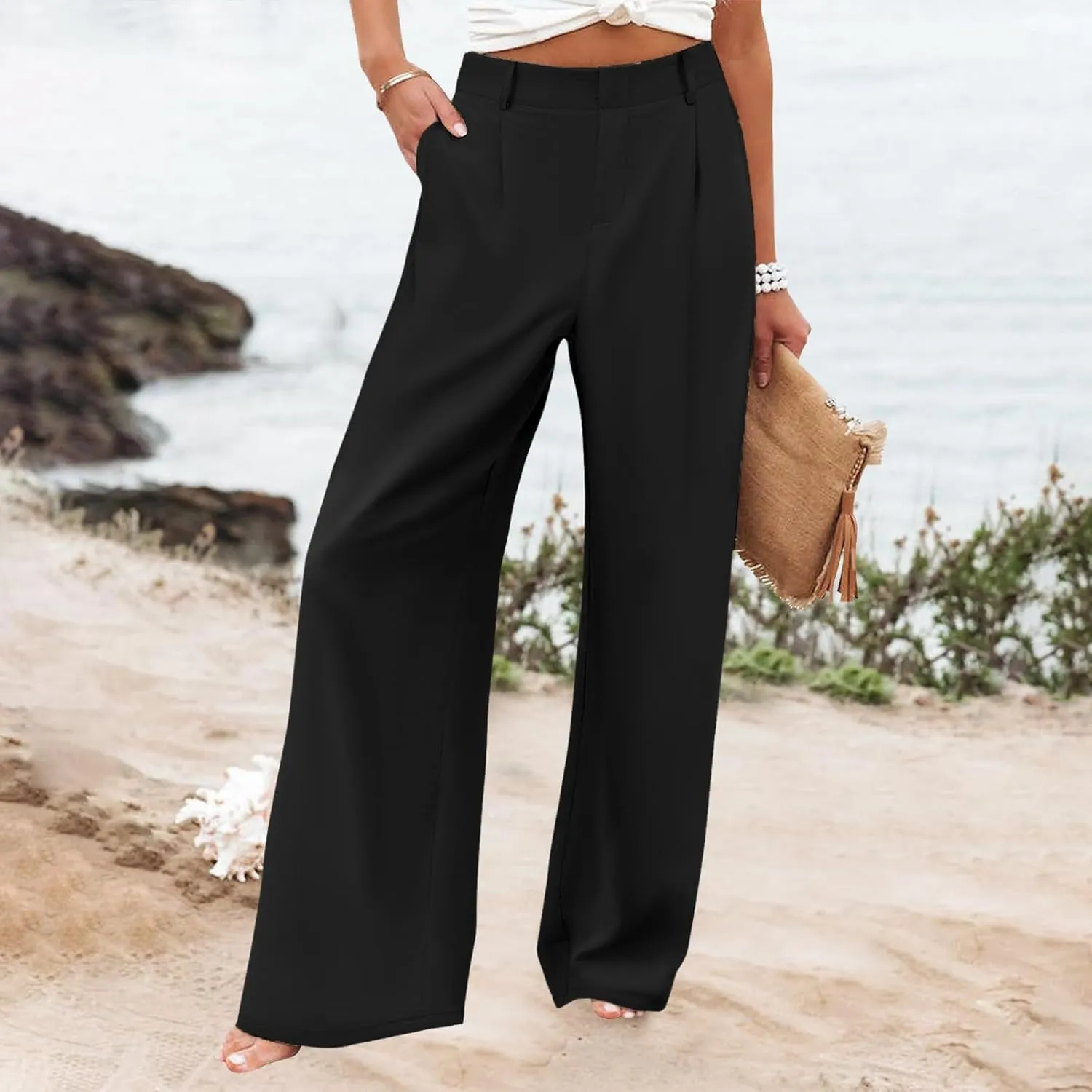 Women's Cotton Linen Summer Cropped Pant Trousers Elastic Waist Stretchy Straight Plus Size Pant Trousers Trendy