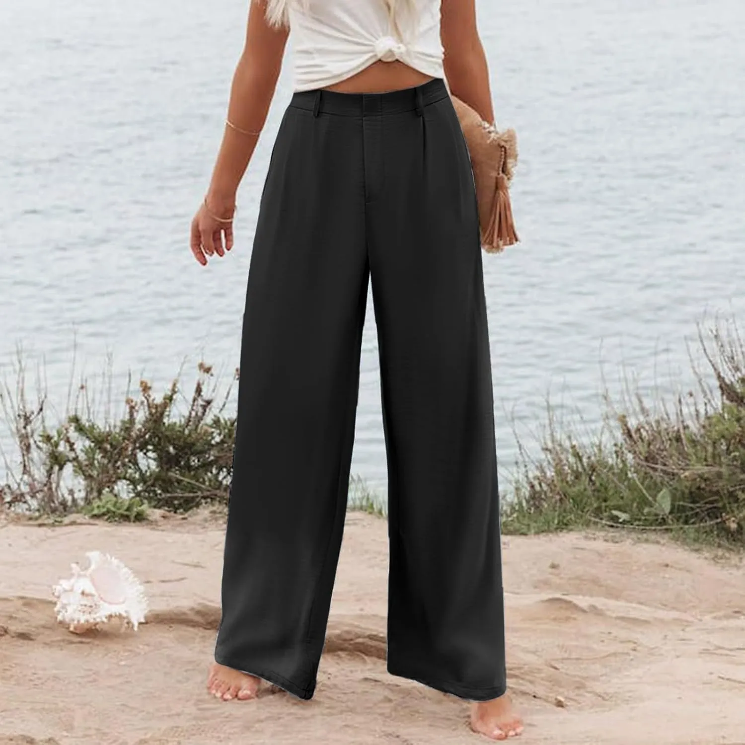 Women's Cotton Linen Summer Cropped Pant Trousers Elastic Waist Stretchy Straight Plus Size Pant Trousers Trendy