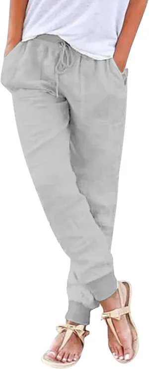 Women's Cotton Linen Summer Fashion Pant Trousers Elastic Waist Stretchy Slim-Fit Palazzo Lounge Pants