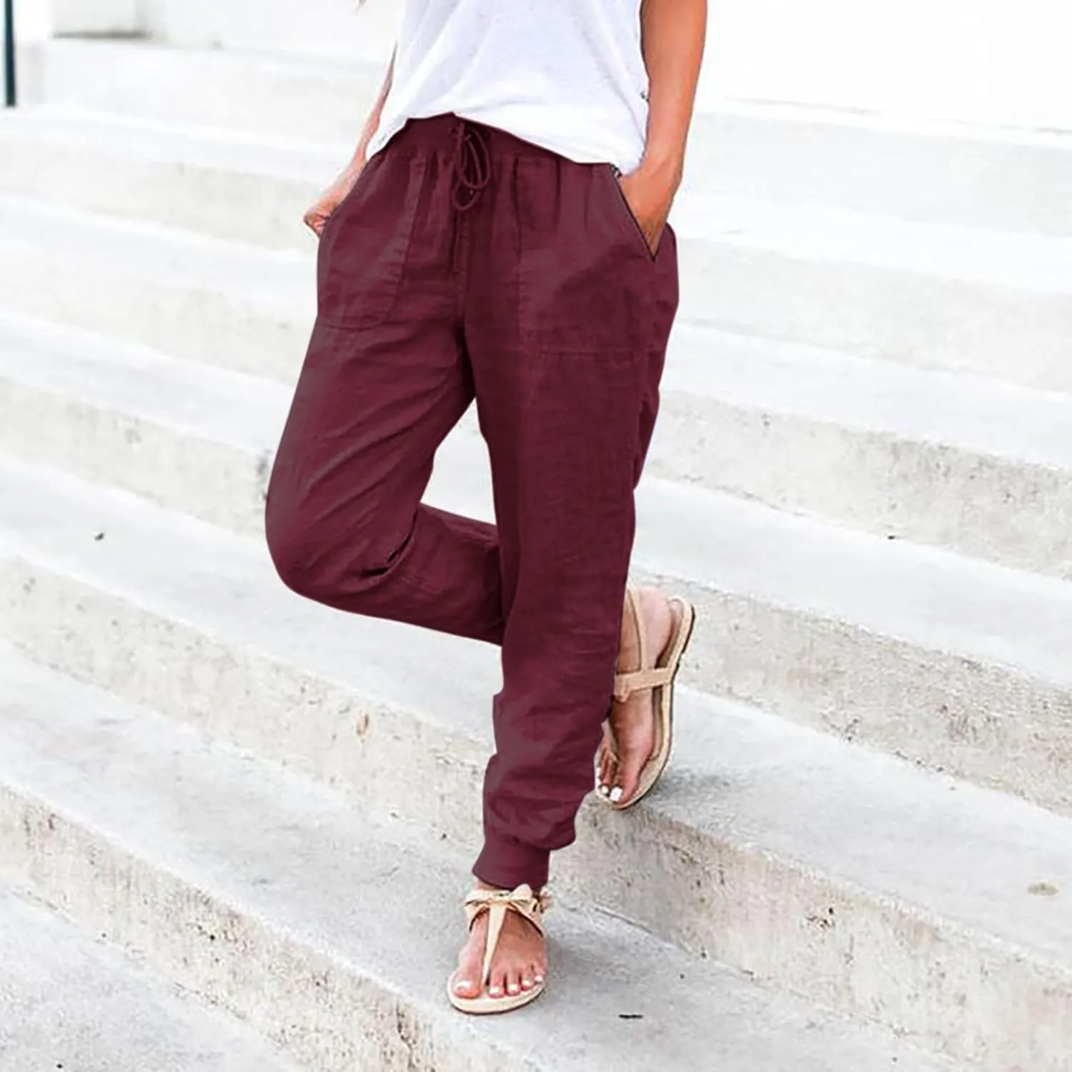 Women's Cotton Linen Summer Fashion Pant Trousers Elastic Waist Stretchy Slim-Fit Palazzo Lounge Pants