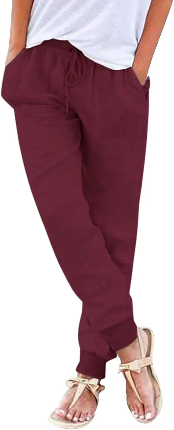 Women's Cotton Linen Summer Fashion Pant Trousers Elastic Waist Stretchy Slim-Fit Palazzo Lounge Pants